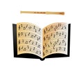 Open notebook with musical notes and modern wood flute