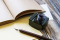 Open notebook, pen and inkwell Royalty Free Stock Photo