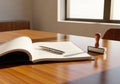 Open notebook with pen and stamp on wooden table Royalty Free Stock Photo