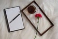 Open Notebook and a pen with Violet carnation flower on a white tulle fabric And Copy Space. Royalty Free Stock Photo
