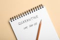 Open notebook and pencil on background, top view. Counting days of quarantine during coronavirus outbreak Royalty Free Stock Photo