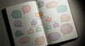 An open notebook features a colorful flowchart made of diverse speech bubbles in a grid pattern with blue pink orange green Royalty Free Stock Photo