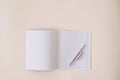 An open notebook in a ruler with clean sheets and a pen on a notebook on a Kraft background Royalty Free Stock Photo