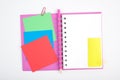 Open notebook and school or office tools on white background Royalty Free Stock Photo