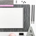 Open notebook, sketchbook or scrapbook with white blank page on the white table. Royalty Free Stock Photo