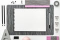 Open notebook, sketchbook or scrapbook with white blank page on the white table. Ideas, notes, plan writing or sketching concept. Royalty Free Stock Photo