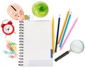 Open notebook with stationery and magnifier Royalty Free Stock Photo