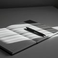 Open notebook on a white surface with a pen resting on it. Soft, diagonal shadows