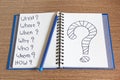 Open Notebook writing question mark on it Royalty Free Stock Photo