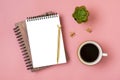 open notepad  cup of coffee  golden pen moose on pink background Royalty Free Stock Photo