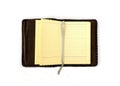 Open Notepad in dark brown genuine leather covers on a white background.