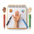 Open notepad with hand, pens, and awards, showcasing education tools Royalty Free Stock Photo