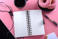 An open notepad with a pen. Coffee and donuts. Business photo.