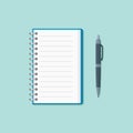 Open notepad with pen flat style icon. Vector illustration.