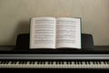 Open notes of Chopin`s Etudes stand on a brown piano. Royalty Free Stock Photo