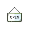 Open notice. Label with text. Filled color icon. Commerce vector illustration