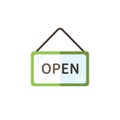 Open notice. Label with text. Flat color icon. Commerce vector illustration