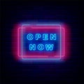 Open now neon signboard. Rectangular frame. Shop advertising. Marketing promotion. Vector stock illustration