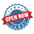 OPEN NOW text on red blue ribbon stamp Royalty Free Stock Photo