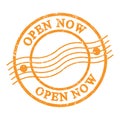 OPEN NOW, text written on orange postal stamp Royalty Free Stock Photo