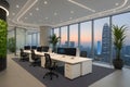 Open office interior with city view represents modern workspace designed for collaboration and teamwork Royalty Free Stock Photo
