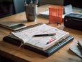 Open office planner on desk captured with mm lens