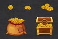 Open old bag and wooden chest. Ancient pirate money for winner. Vector cartoon illustration coins icons for web, games Royalty Free Stock Photo