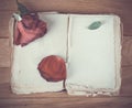 Open old book with blank pages for text and dry rose on wooden table Royalty Free Stock Photo