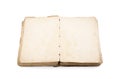 Open old book with blank yellow stained pages  on white background Royalty Free Stock Photo