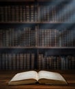 Open old book on a bookshelf background and the rays of light. Selective focus. Conceptual background on history, education, Royalty Free Stock Photo