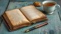 An open old book and a cup of tea on a weathered blue wooden table with a biscuit
