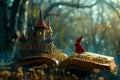 Open old book with magic castle and hooded figure in fairy wood Royalty Free Stock Photo
