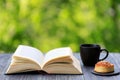 Open old book, sweet cinnamon bun and black coffee cup on wooden table in the summer garden Royalty Free Stock Photo