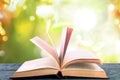 Open old hardcover book on table against blurred green background