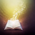 Open old spell book and magic light Royalty Free Stock Photo
