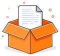Open orange cardboard box with document and stars Royalty Free Stock Photo