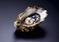 Open oyster shell with white pearl on black background.Macro.AI Generative