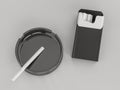 Open pack of cigarettes and ashtray on grey background. 3D rendering
