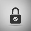 Open padlock and check mark icon isolated on grey background. Security check lock sign. Flat design. Vector Royalty Free Stock Photo