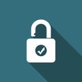 Open Padlock And Check Mark Icon Isolated With Long Shadow. Security Check Lock Sign. Flat Design. Vector