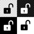 Open padlock icon isolated on black, white and transparent background. Opened lock sign. Cyber security concept. Digital