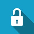 Open padlock icon isolated with long shadow. Lock symbol. Royalty Free Stock Photo