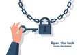 Open padlock. Person holds key to the hand. Vector flat.