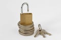 Open padlock on stack of coins with keys on white background - Concept of financial security Royalty Free Stock Photo