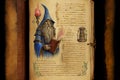 An open page with magic drawing and text in wizard book, ai illustration