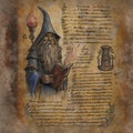 An open page with magic drawing and text in wizard book, illustration Royalty Free Stock Photo