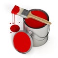 Open paint can and brush with dripping red paint isolated on white. 3D illustration Royalty Free Stock Photo