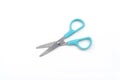 Open pair of scissors with blue handle isolated on white background, top view