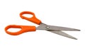 Open pair of tailor scissors with orange handle isolated on white background. Royalty Free Stock Photo