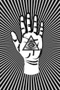 Open palm with all seeing eye sacred Masonic symbol, third eye of Providence, triangle pyramid. New World Order. Grunge alchemy Royalty Free Stock Photo